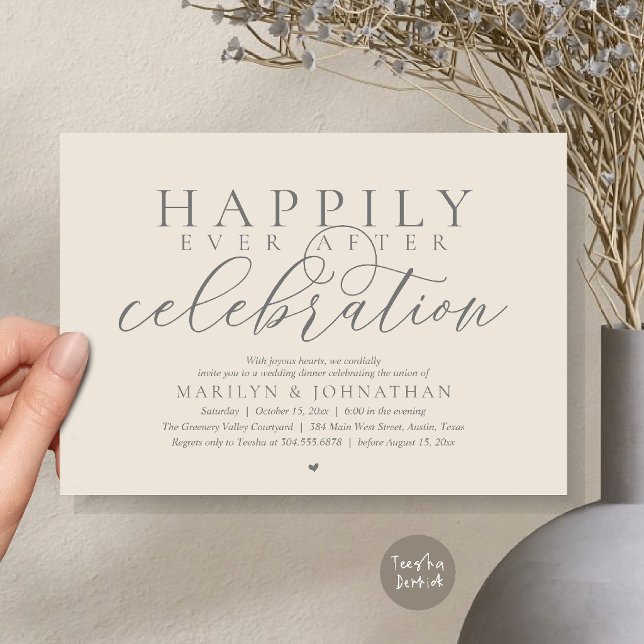 Convite Celebração de Casamento Moderna Feliz para Sempre (Happily Ever After Modern Wedding Celebration Dinner Brunch, Lunch, Invites Card in Cream Grey)