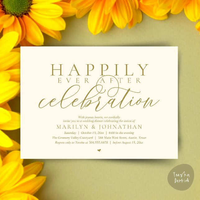 Convite Celebração de Casamento Moderna Feliz para Sempre (Happily Ever After Modern Wedding Celebration Dinner Brunch, Lunch, Invites Card in Yellow Gold)