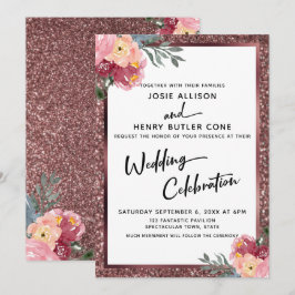 Convite Celebração de Casamento Moderna Rosa Dourado Flora