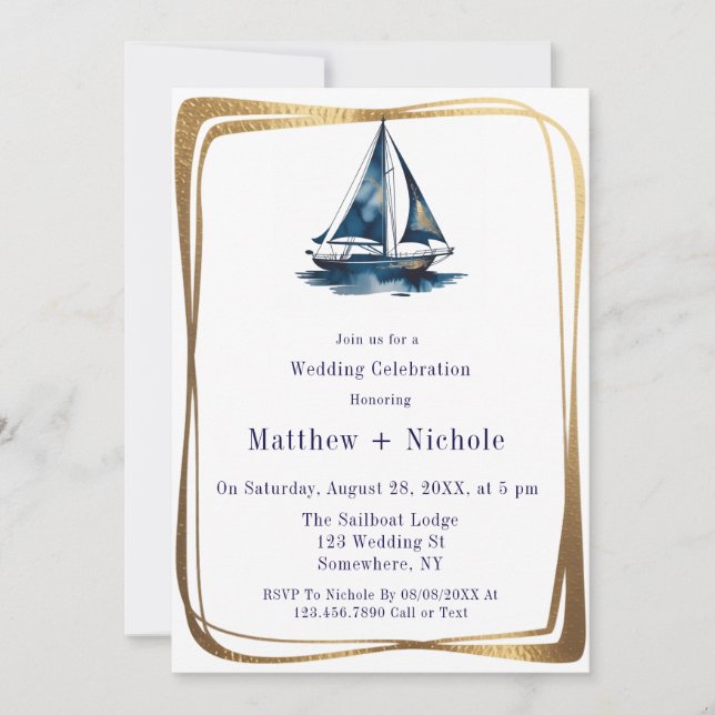 Convite Celebração de Casamento Náutico com Iate Azul e Do (Frente)