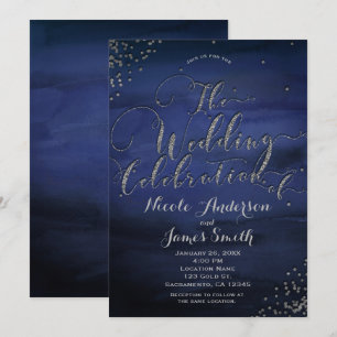 Convite Celebração de Casamento Prata Azul Aquarela Modern