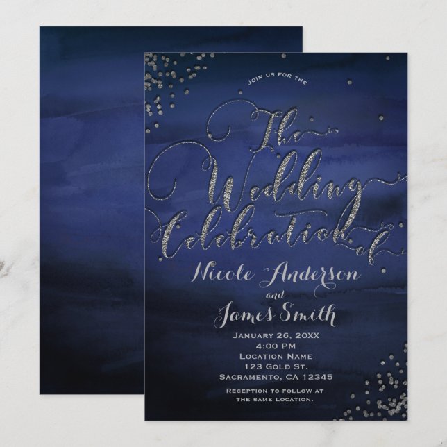 Convite Celebração de Casamento Prata Azul Aquarela Modern (Frente/Verso)