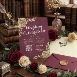 Convite Celebração de Casamento Rosas Douradas Modernas Ve