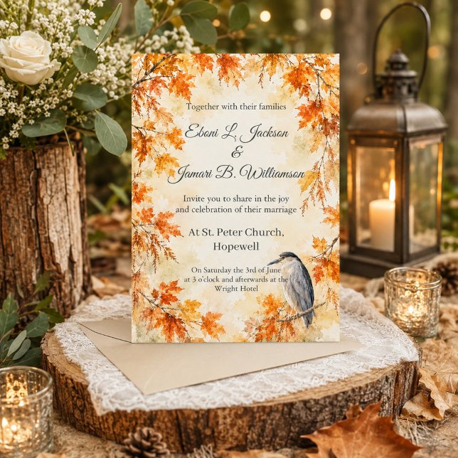 Convite Celebração de Casamento Rústico de Garça no Outono (Criador carregado)