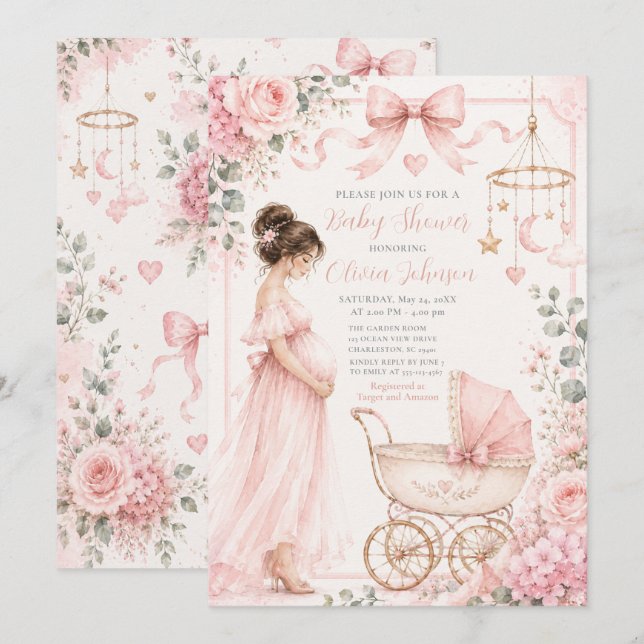 Convite Celebração de Chá de Bebê Rosa (Frente/Verso)