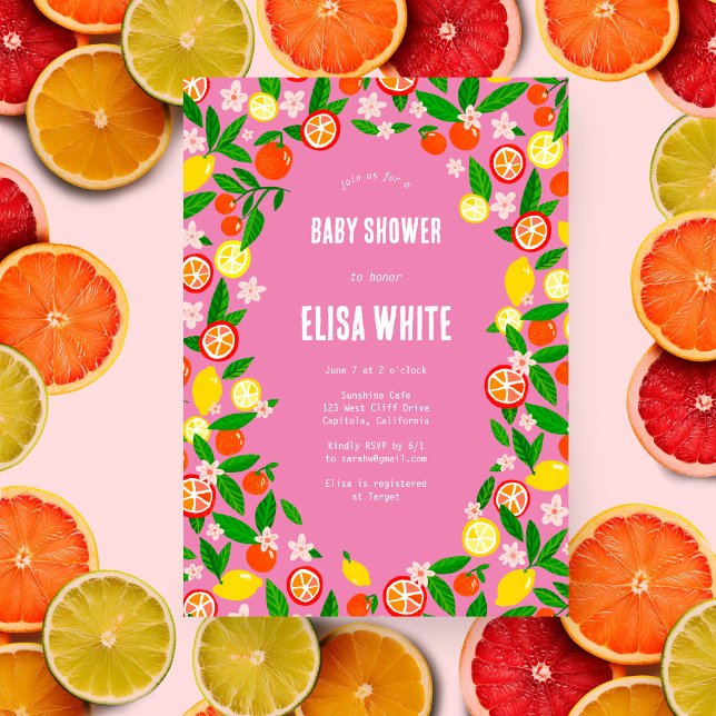 Convite Celebração de Citros CHÁ DE FRALDAS de Verão em Ne (Citrus Celebration CUSTOM Bold Summer BABY SHOWER Invitation Pink)