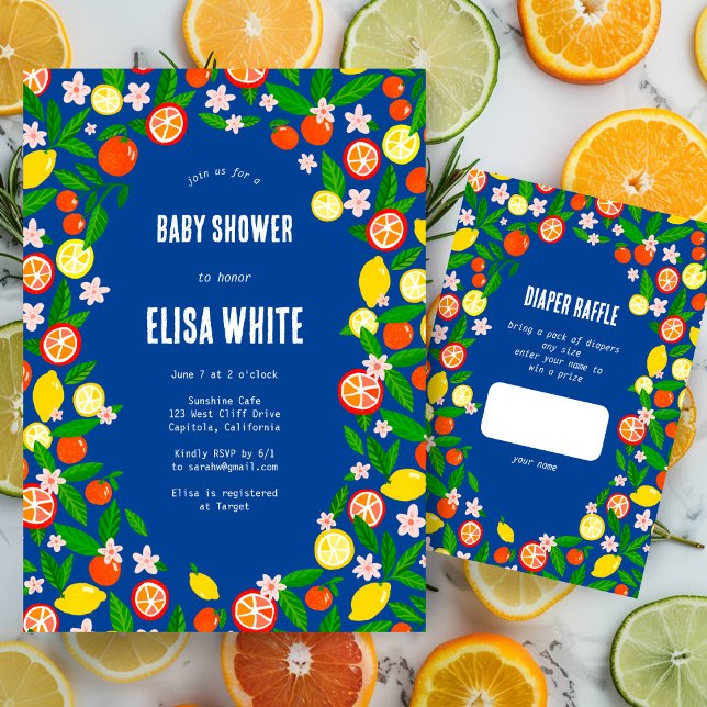 Convite Celebração de Citros CHÁ DE FRALDAS de Verão em Ne (Citrus Celebration CUSTOM Bold Summer BABY SHOWER Invitation Blue Baby Boy Oranges Lemons)
