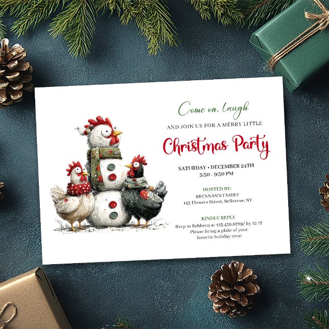 Convite Celebração de Férias com Galinhas Excêntricas Dese (Quirky Chickens Hand Drawn Holiday Celebration Card)