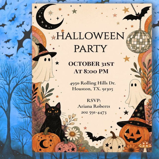 Convite Celebração de Festa de Halloween Retro Boho (Criador carregado)