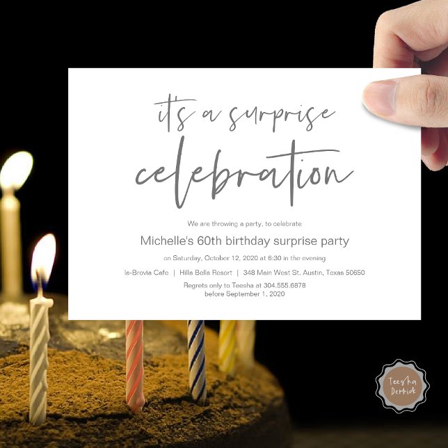 Convite Celebração de Festas de aniversário Surpresa (Surprise Birthday Party Celebration Invitation Card, PDF, in Dark Grey)
