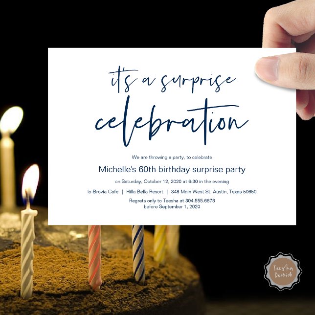 Convite Celebração de Festas de aniversário Surpresa (Surprise Birthday Party Celebration Invitation Card, PDF, in Navy Blue)