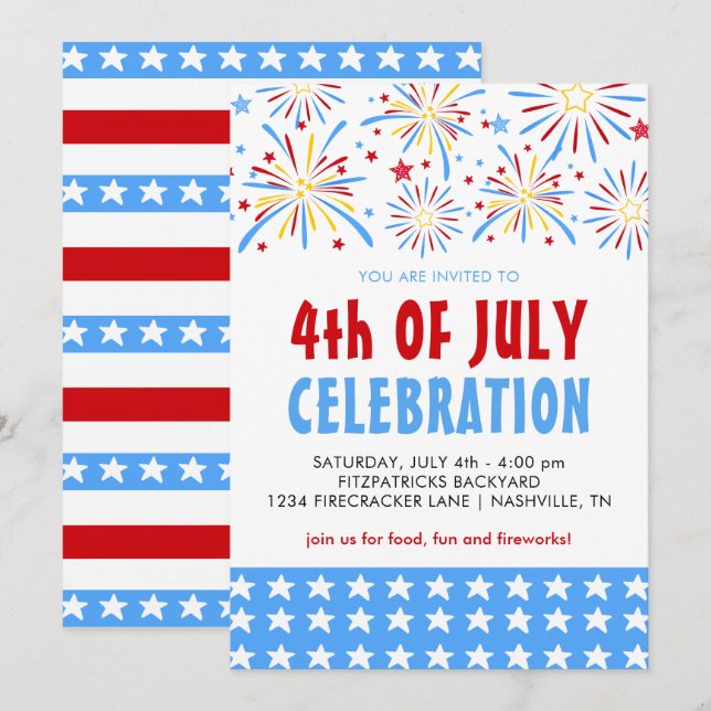 Convite Celebração de Fogos de Artifício 4 de Julho (Frente/Verso)