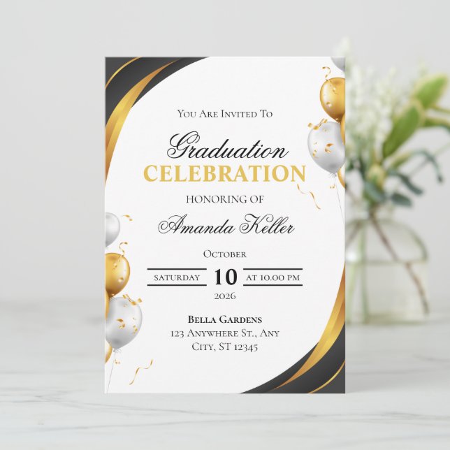 Convite Celebração de Formatura Preta e Dourada (Em pé/Frente)