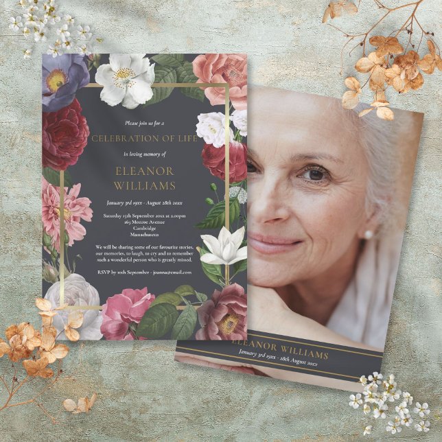 Convite Celebração de Foto da Vida Funeral Rosa Floral (Photo Celebration of Life Funeral Rose Floral Invitation)