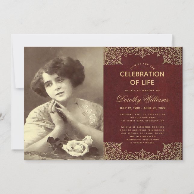 Convite Celebração de Fotos do Funeral Vida em Burgundy Do (Frente)