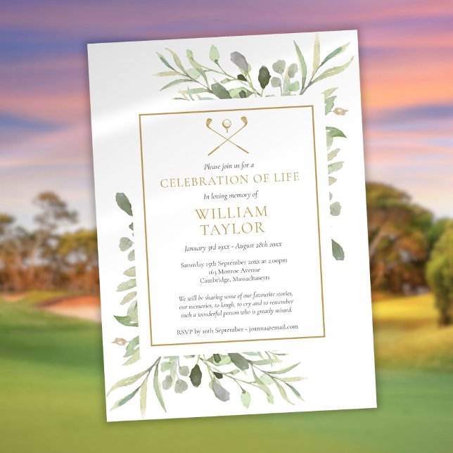 Convite Celebração de Funeral de Golfista Celebração de Vi (Golfer Funeral Celebration of Life Greenery Invitation)