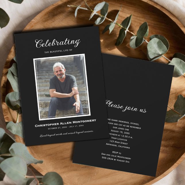 Convite Celebração de Funeral de Memória de Vida (Celebration of Life photo funeral black invitations, PRINTED and/or INSTANT DOWNLOAD)