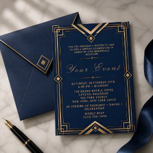 Convite Celebração de Gala Luxuosa Art Déco em Azul Naval