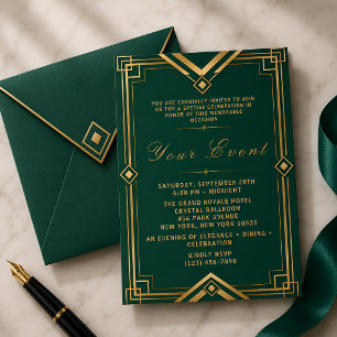 Convite Celebração de Gala Luxuosa Verde Esmeralda Dourada
