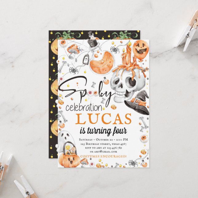Convite Celebração de Halloween Birthday Spooky (Frente/Verso In Situ)