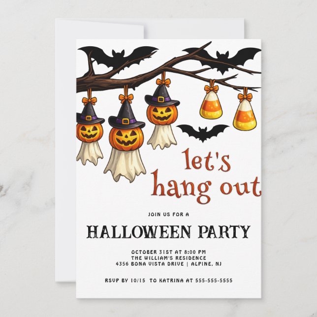 Convite Celebração de Halloween Trendy Let's Hang Out (Frente)