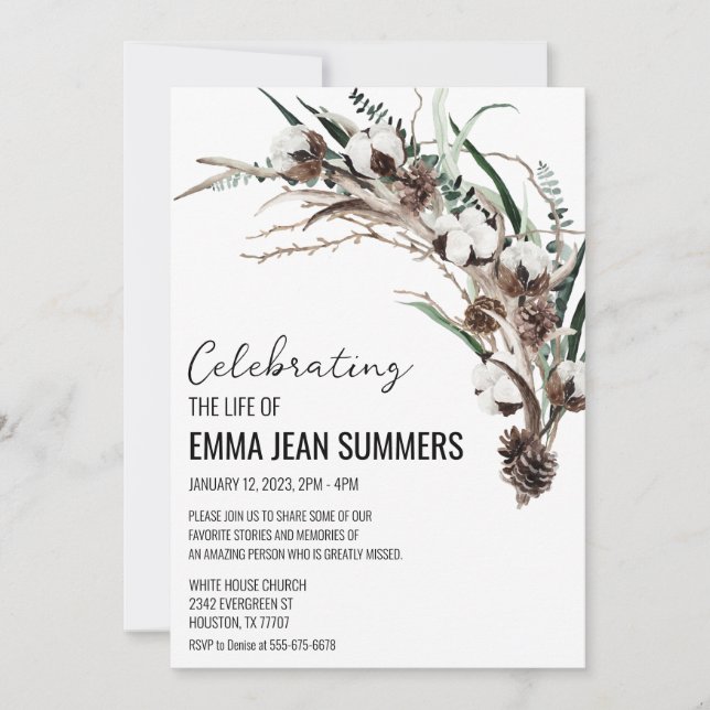 Convite Celebração de Inverno da Vida Algodão com Folhagem (Frente)