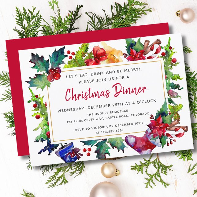 Convite Celebração de Jantar de Natal em Aquarela (Criador carregado)