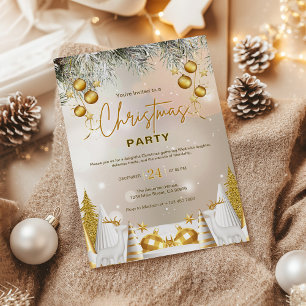 Convite Celebração de Natal Elegante em Dourado e Branco