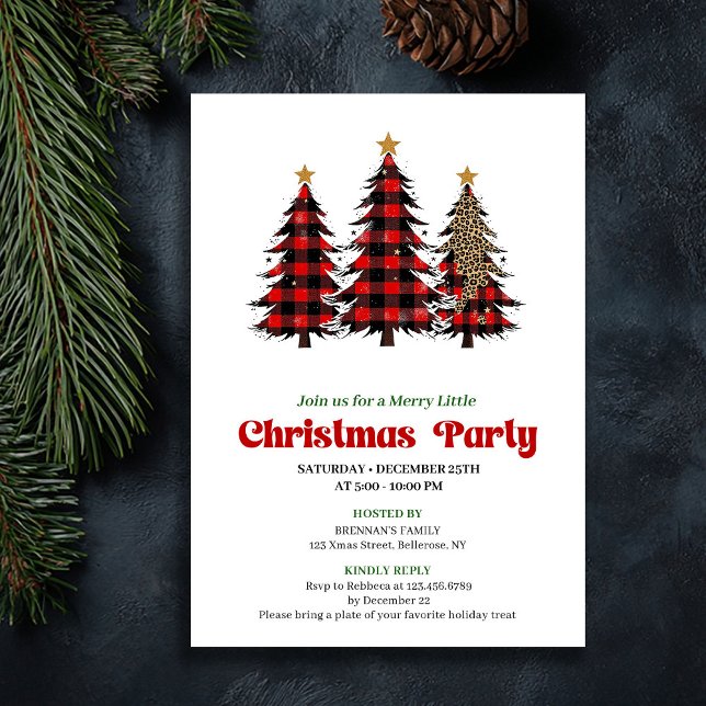 Convite Celebração de Natal Xadrez Vermelho e Preto Capric (Whimsical Red Black Plaid Christmas Celebration)