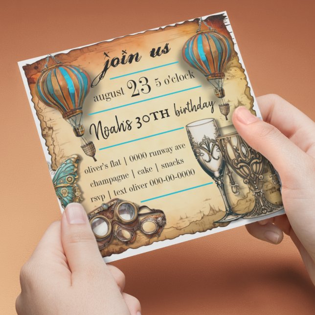 Convite Celebração de Óculos Steampunk de Balões de Ar Que (Vintage industrial steampunk customizable party invitation for celebrations and special occasions)