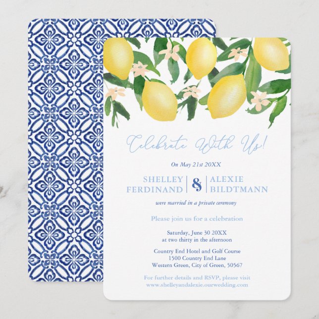 Convite Celebração de Pós-Casamento Capri Lemons Blue Tile (Frente/Verso)