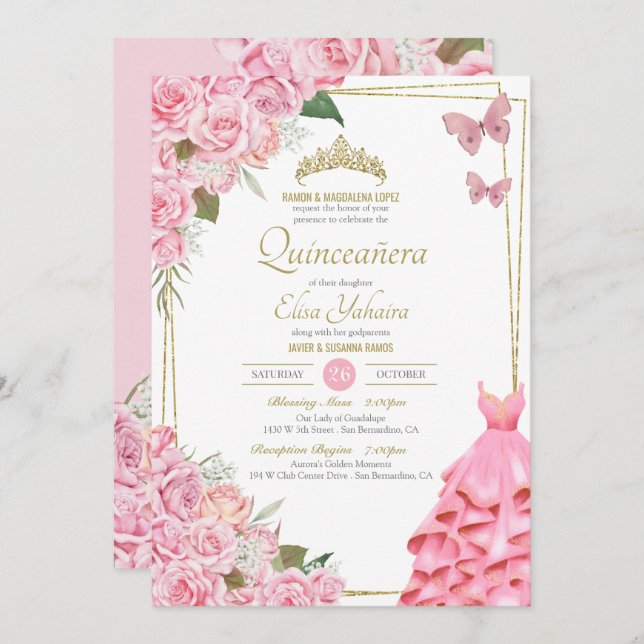 Convite Celebração de Quinceanera, Borboleta Floral Rosa R (Frente/Verso)