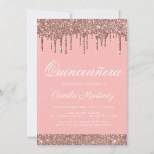 Convite Celebração de Quinceañera com Glitter Dourado Rosa
