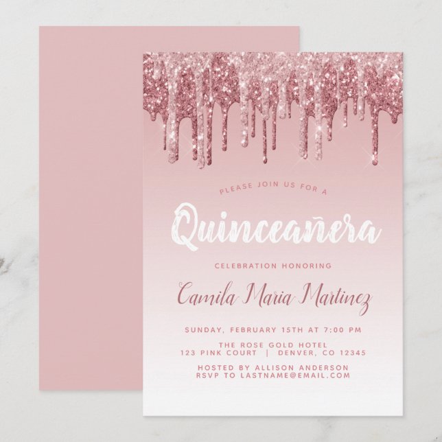 Convite Celebração de Quinceanera com Glitter Glitter Dour (Frente/Verso)