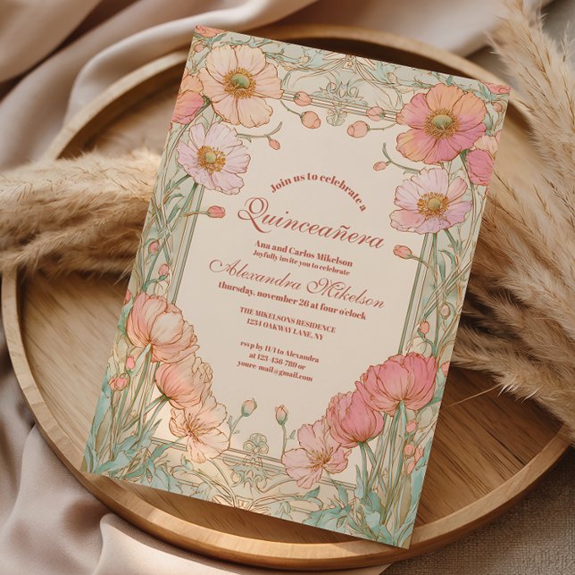 Convite Celebração de Quinceañera com Papoula Rosada (Criador carregado)