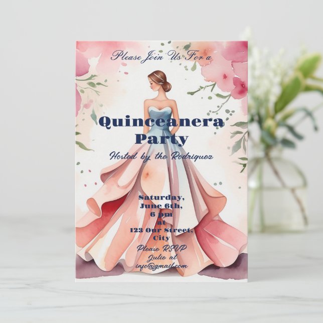 Convite Celebração de Quinceanera de Aquarela (Em pé/Frente)
