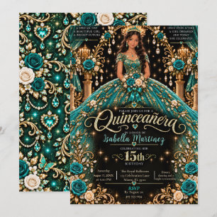 Convite Celebração de Quinceañera em Azul e Dourado