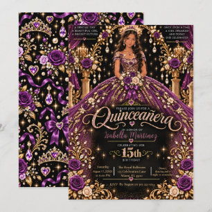 Convite Celebração de Quinceañera em Dourado Roxo