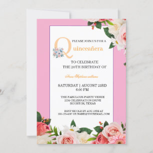 Convite Celebração de Quinceanera Floral Rosa