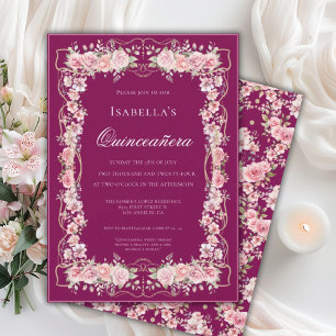 Convite Celebração de Quinceañera Floral Rosa 15 Elegante