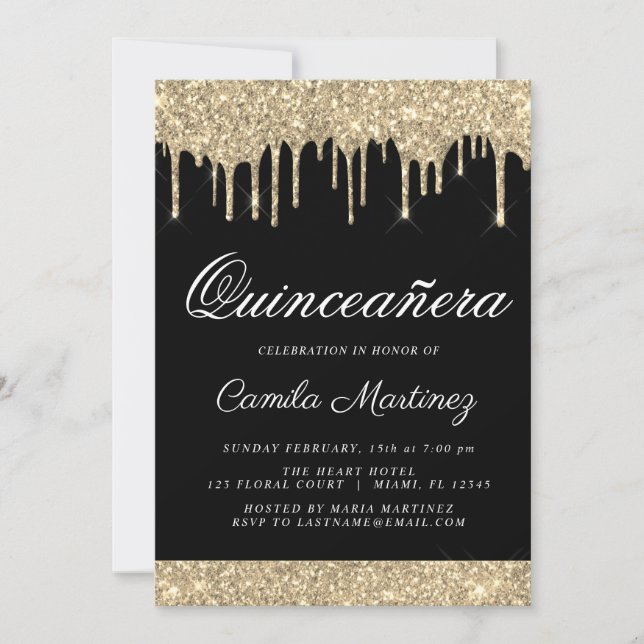 Convite Celebração de Quinceañera, Glitter Dourado Negro (Frente)