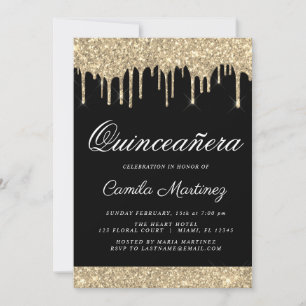 Convite Celebração de Quinceañera, Glitter Dourado Negro