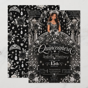Convite Celebração de Quinceañera Prata Preta