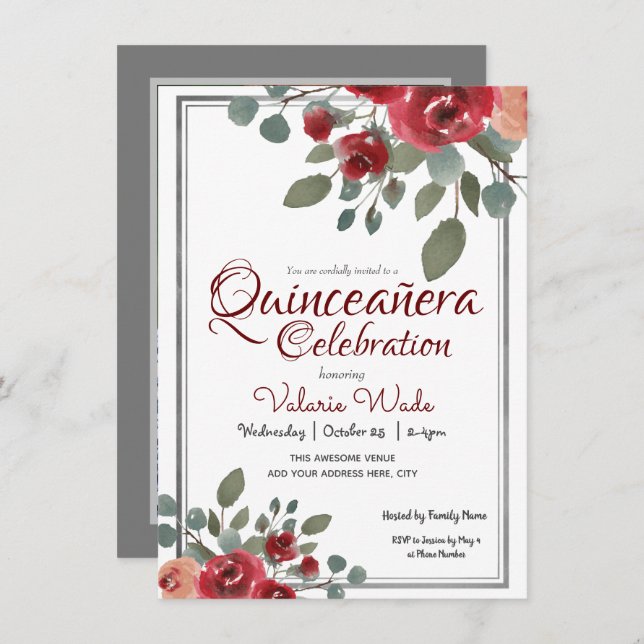 Convite Celebração de Quinceañera Rosas de Aquarelas Flora (Frente/Verso)