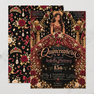 Convite Celebração de Quinceañera Vermelha e Dourada
