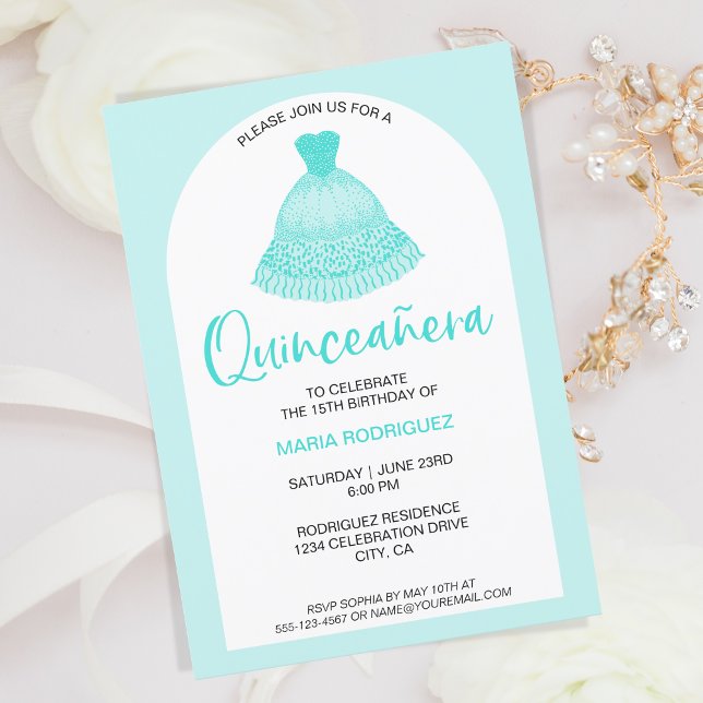 Convite Celebração de Quinseanera Moderna Única Aqua (Criador carregado)