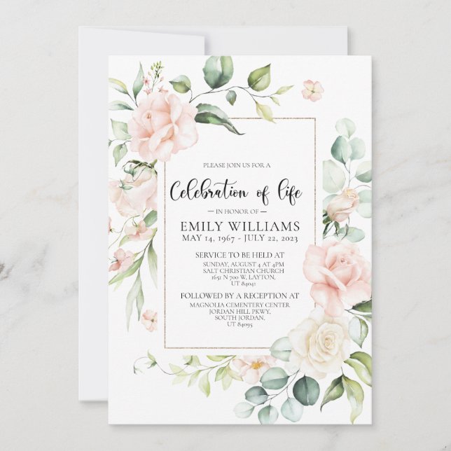 Convite Celebração de Rosas Rosa Blush da Vida (Frente)