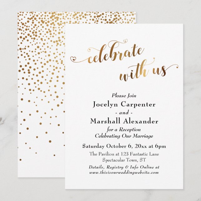 Convite Celebração de Script Dourado com Confetti de Volta (Frente/Verso)