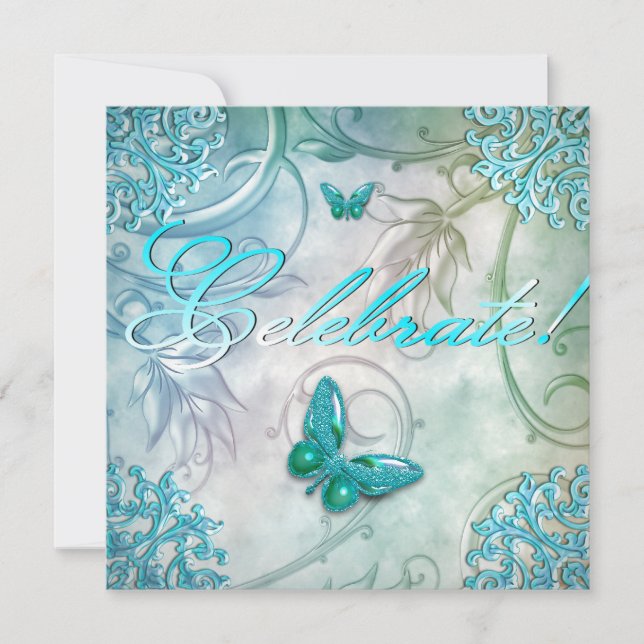 Convite Celebração de Teal Blue Butterfly Floral Birthday (Frente)