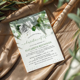 Convite Celebração de Vida com Flores Brancas e Folhagens
